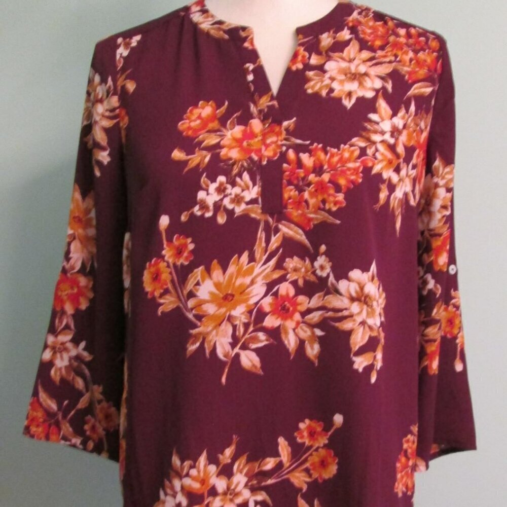 NWT Daniel Rainn Burgundy Floral 3/4 Sleeve Split-neck Chiffon Top-PXS